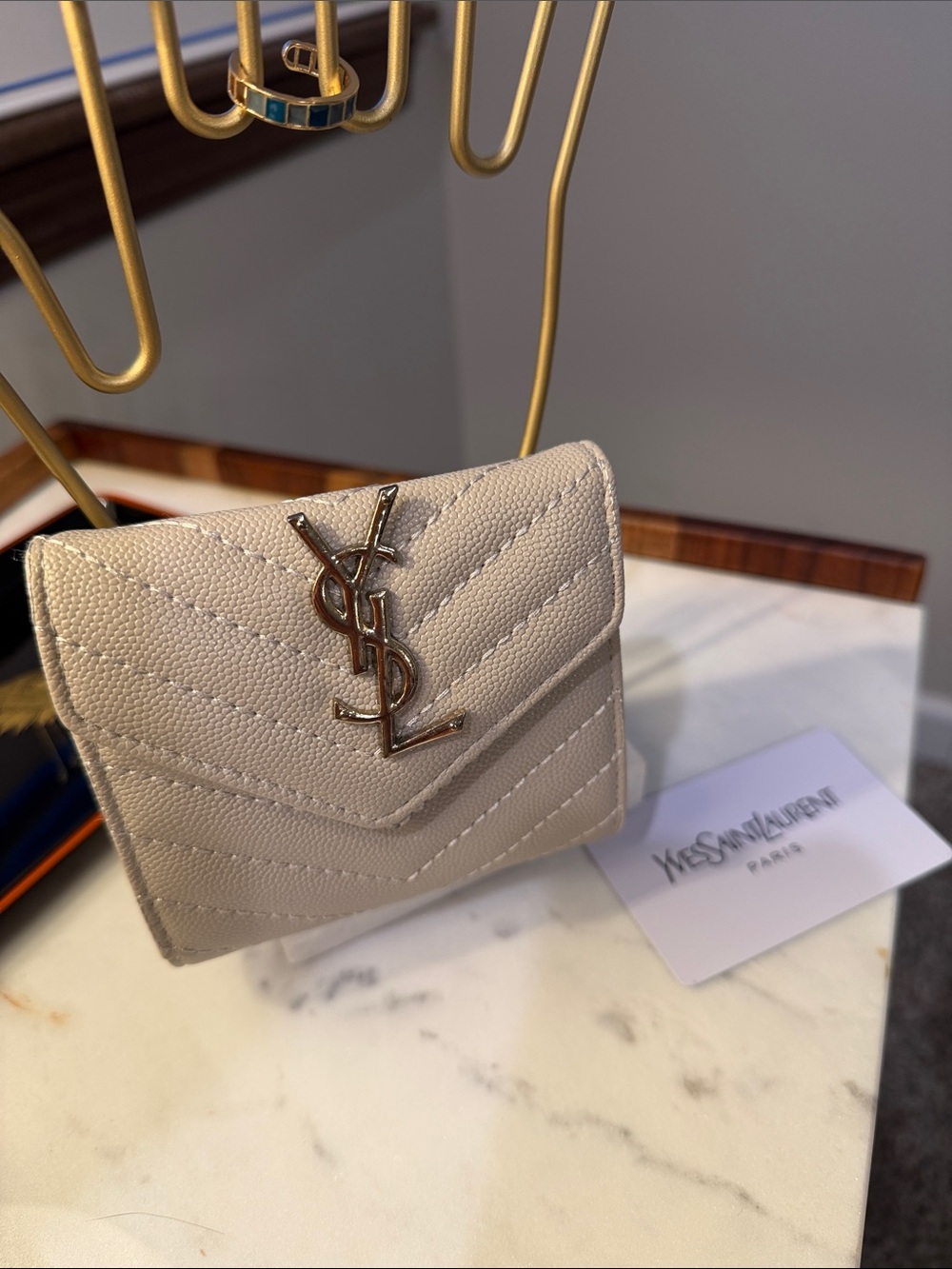Yves Saint Laurent Cream Quilted Leather Compact Wallet with YSL Logo